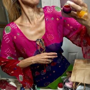 Juliet Dunn silk chiffon rhinestone tunic top shirt cover up bright London